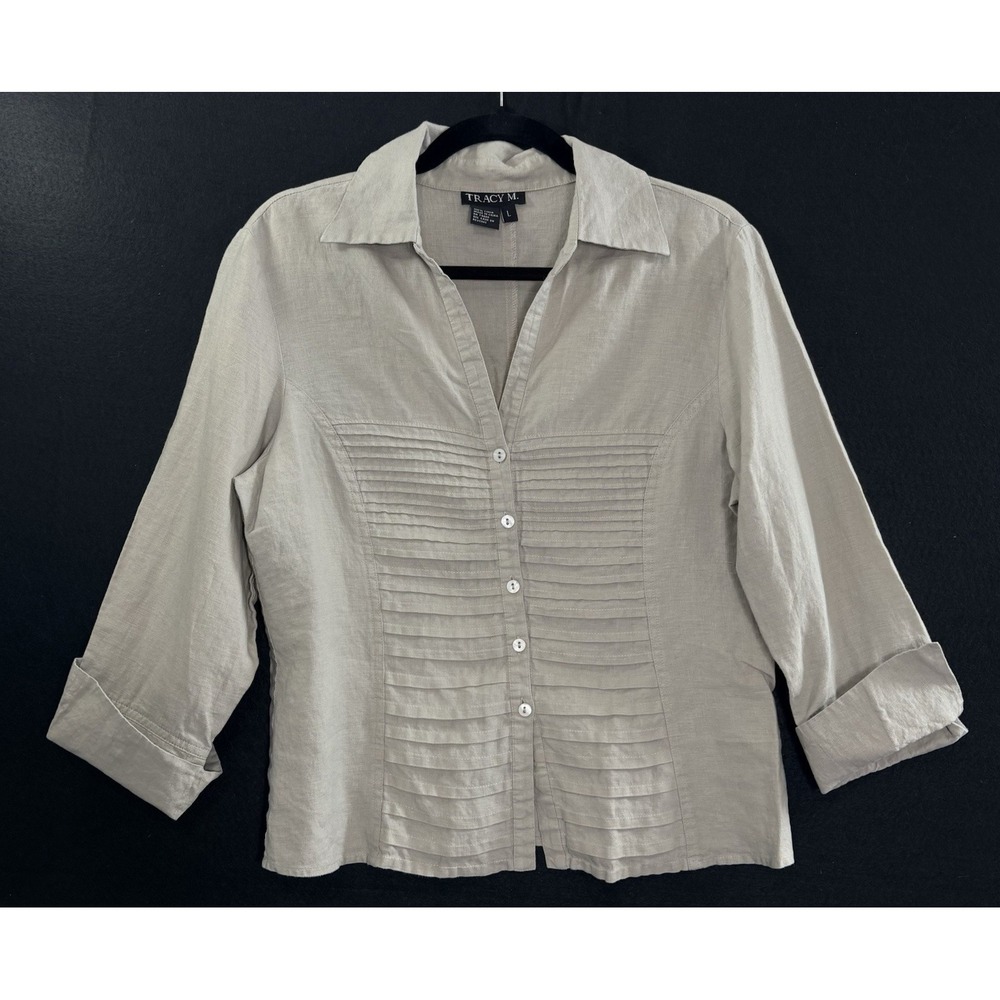 Vtg TRACY M Women Pintuck Button Front 3/4 Sleeve Linen Shirt Sz L Taupe Casual